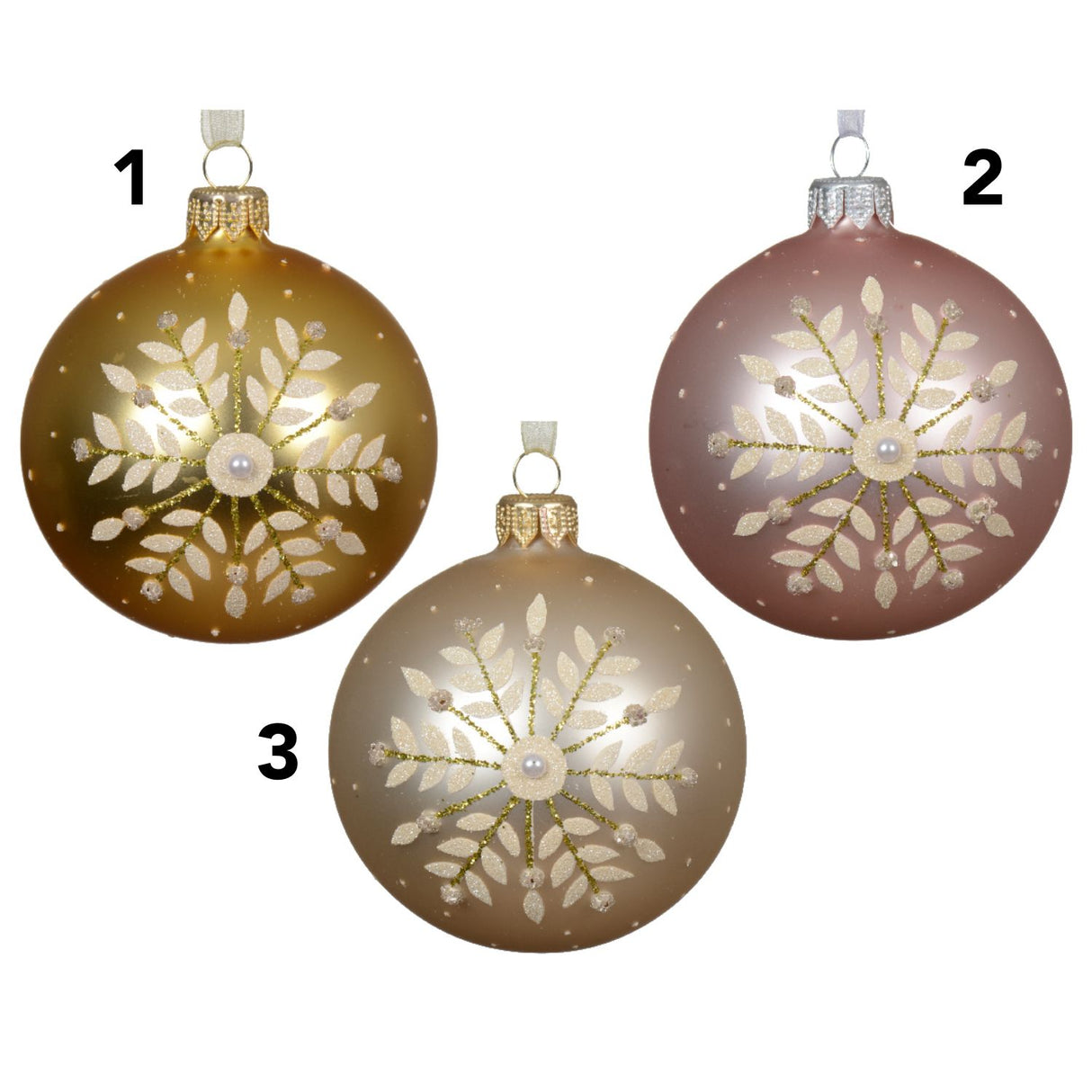 Decoris 8cm Pearl Glitter Gold Snowflakes Baubles (Choice of 3)