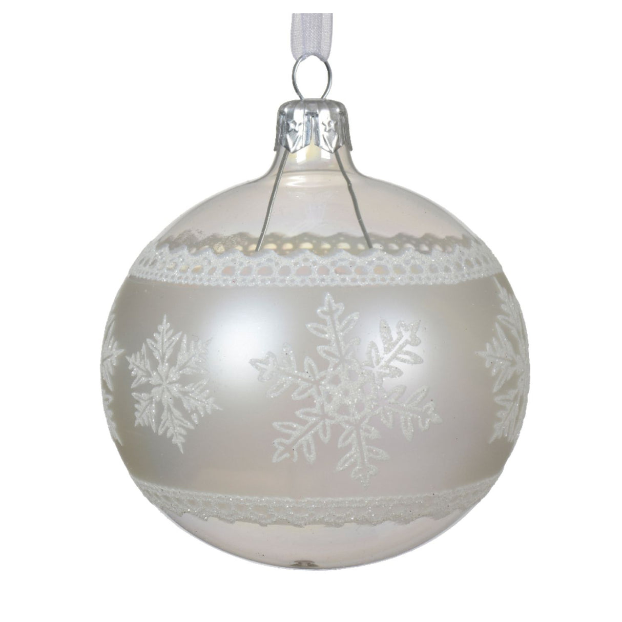Decoris 8cm Pearl Transparent Snowflake Border Glass Bauble