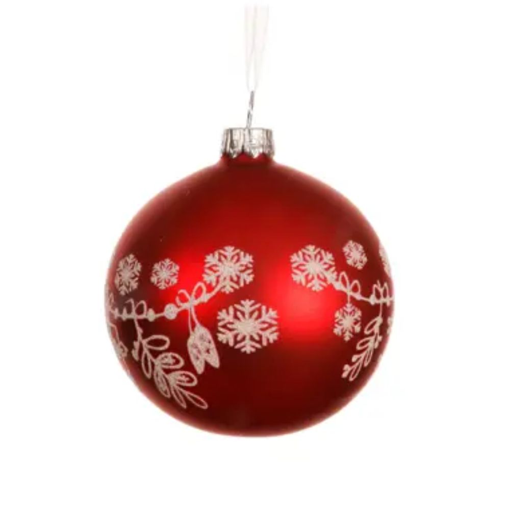 Decoris 8cm Red Matte Glass Bauble With Festive Border