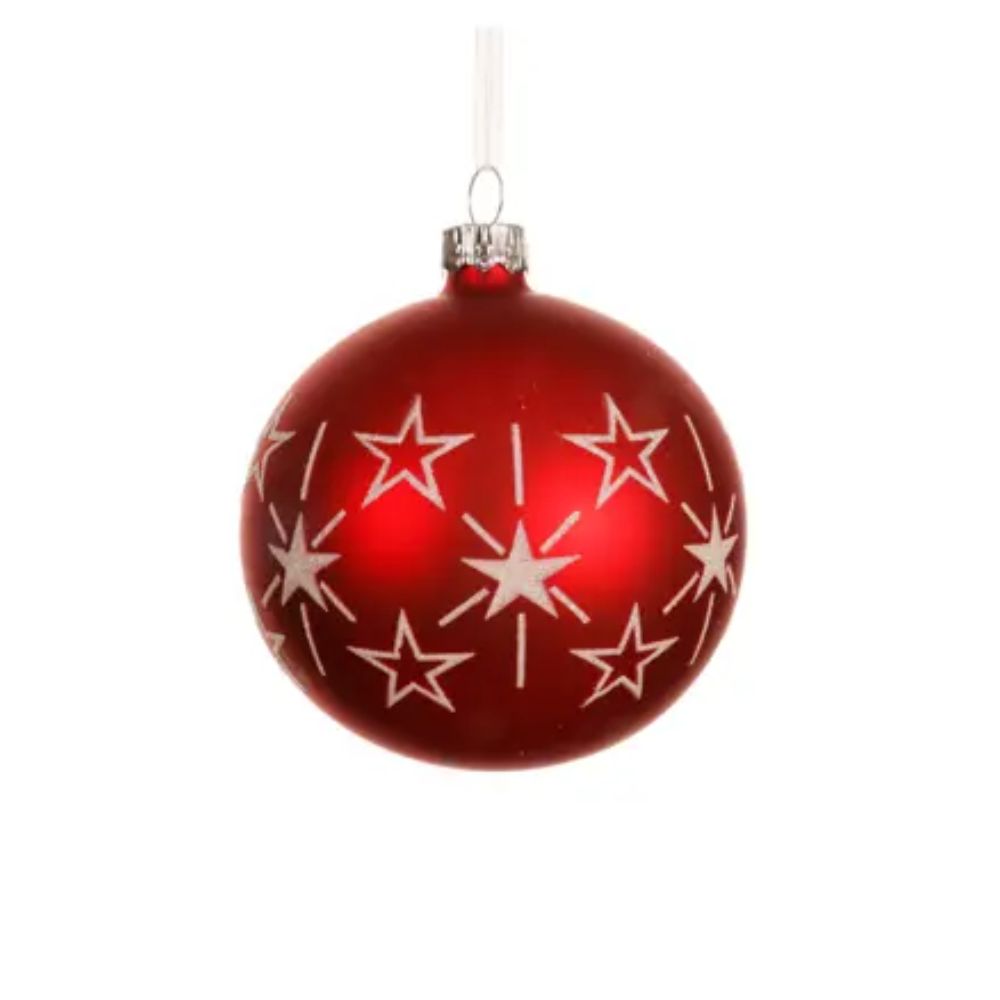 Decoris 8cm Red Matte Glass Bauble with Star Border
