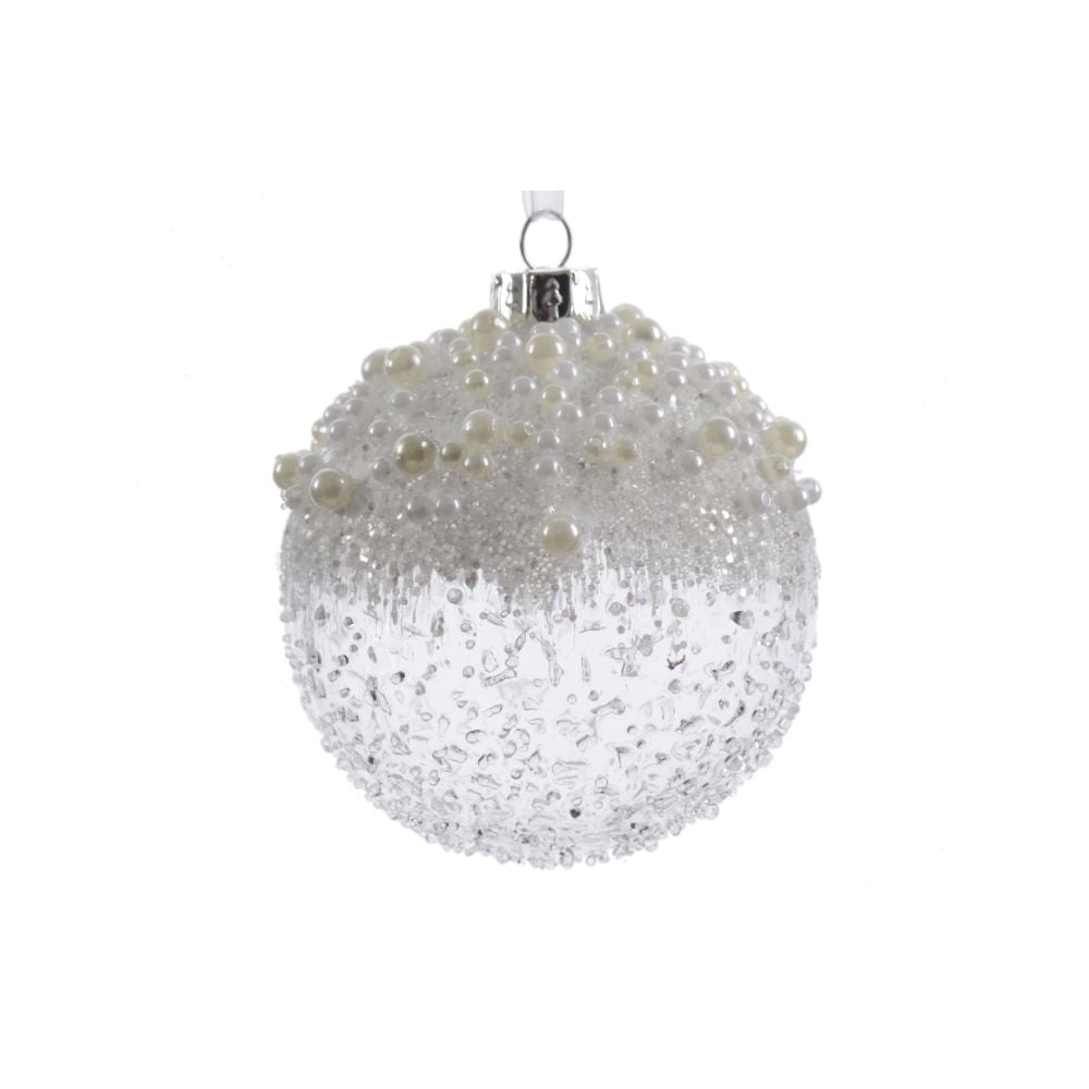 Decoris 8cm Speckled Clear Ice & Pearl Glass Bauble