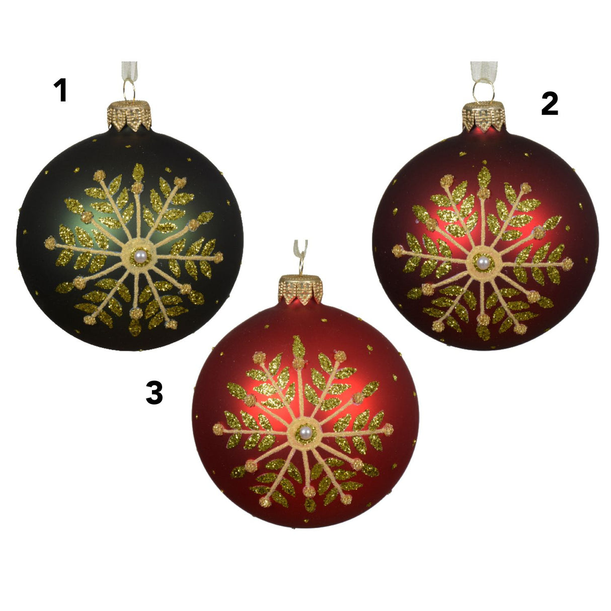 Decoris 8cm Traditional Red/Green Glitter Gold Snowflake Baubles (Choice of 3)