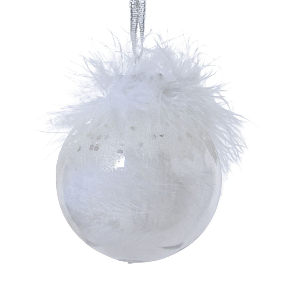 Decoris 8cm Transparent Bauble with White Feathers