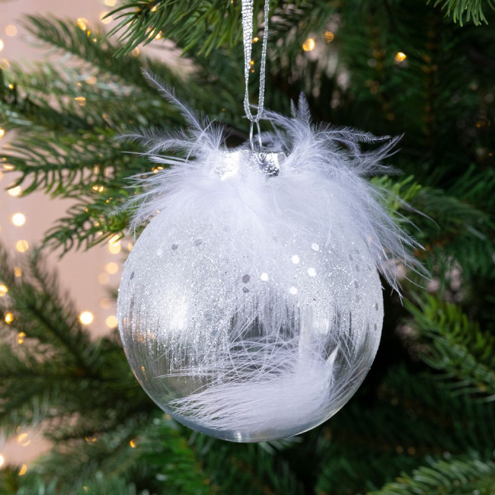 Decoris 8cm Transparent Bauble with White Feathers