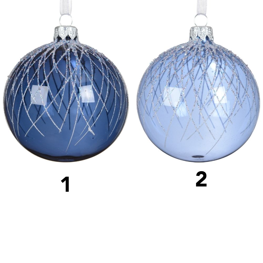 Decoris 8cm Transparent Blue Bauble with White Glitter (Choice of 2)