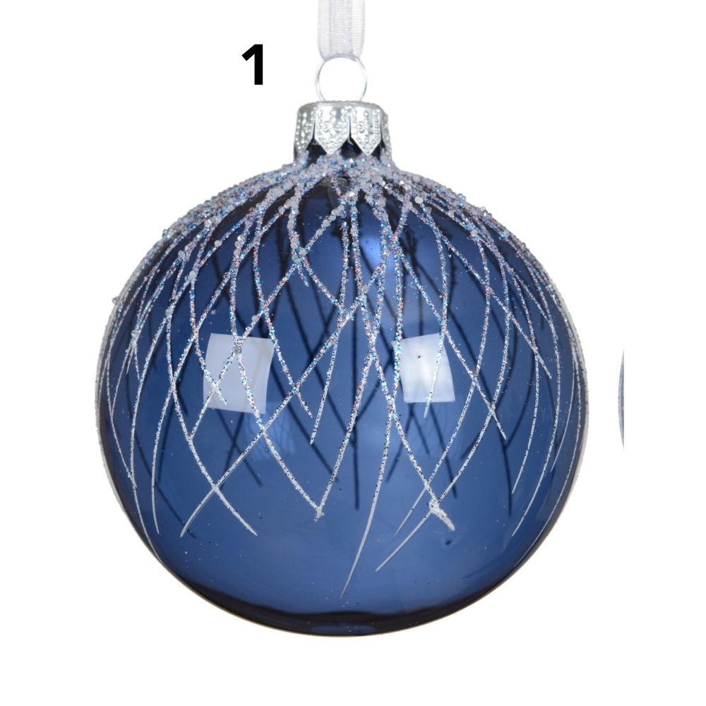 Decoris 8cm Transparent Blue Bauble with White Glitter (Choice of 2)