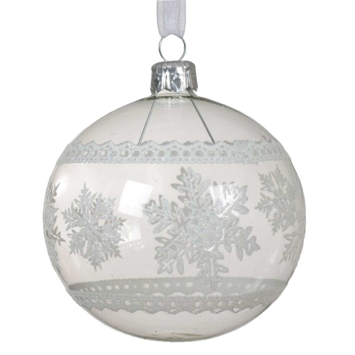 Decoris 8cm Transparent Glitter Snowflake Border Glass Bauble