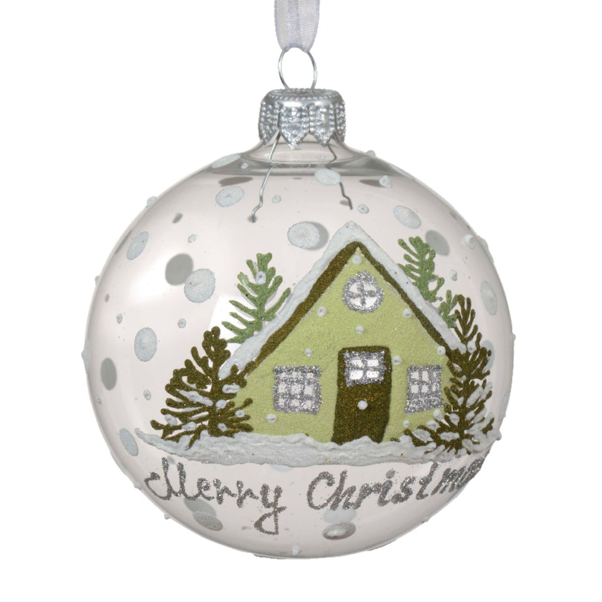 Decoris 8cm Transparent Green House 'Merry Christmas' Glass Bauble