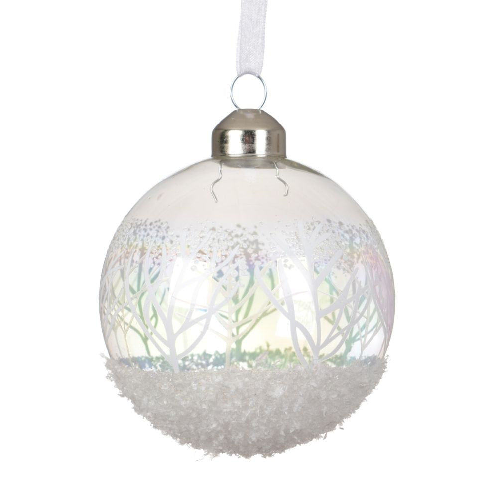 Decoris 8cm White Branch Glass Bauble with Iris Finish