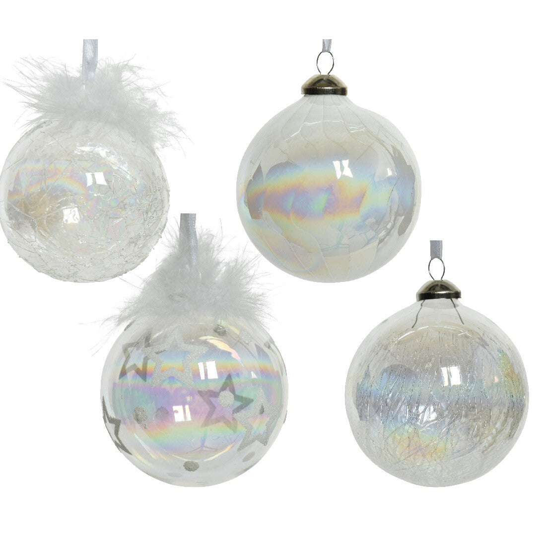 Decoris 8cm White Iridescent Glass Bauble (Choice of 4)