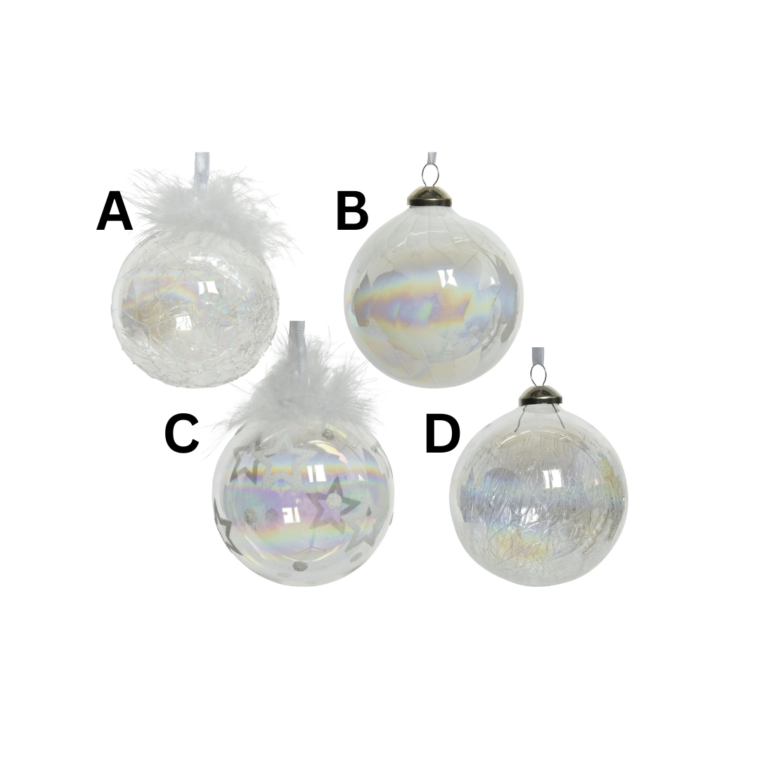 Decoris 8cm White Iridescent Glass Bauble (Choice of 4)