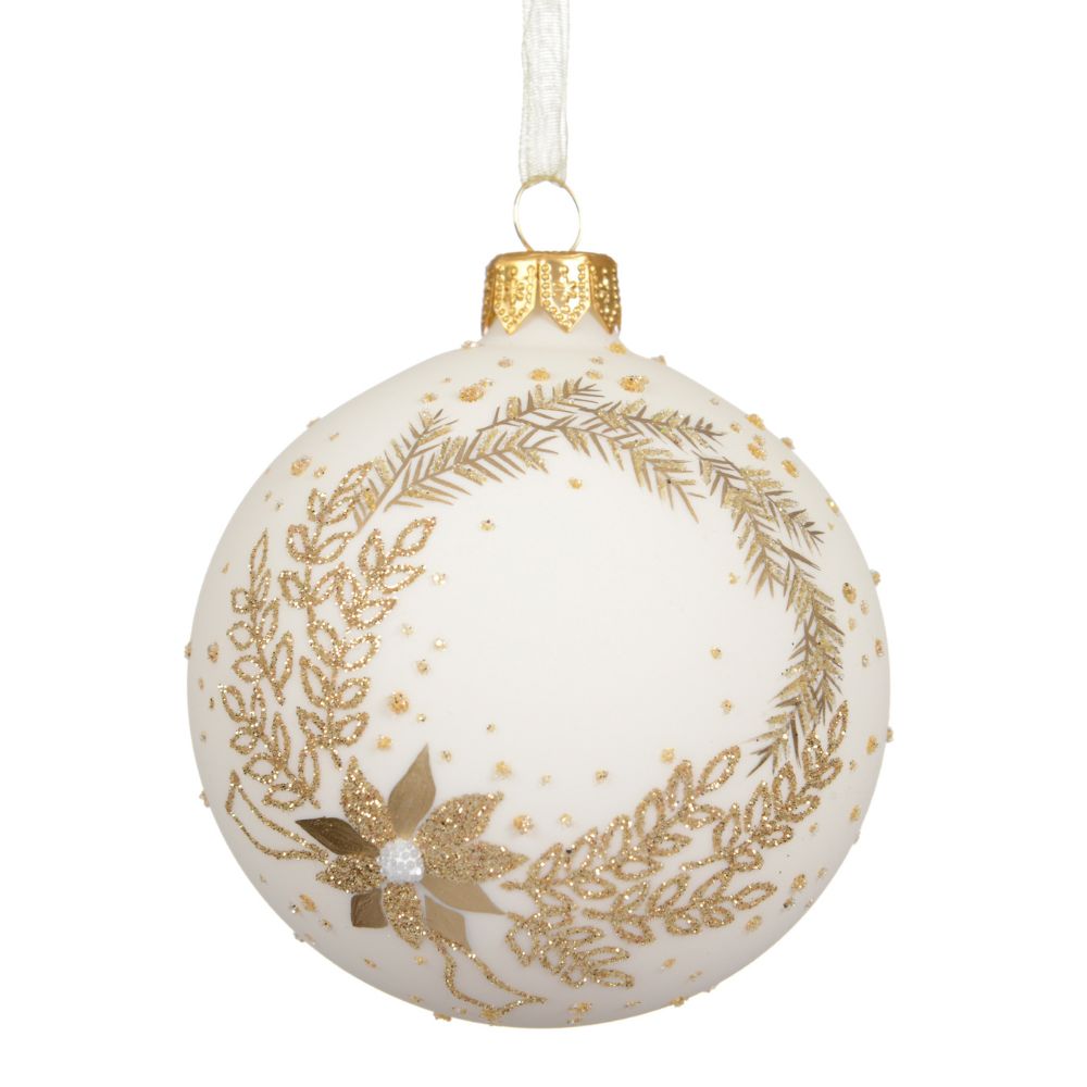 Decoris 8cm Wool White Matte Glass Bauble with Flower Wreath