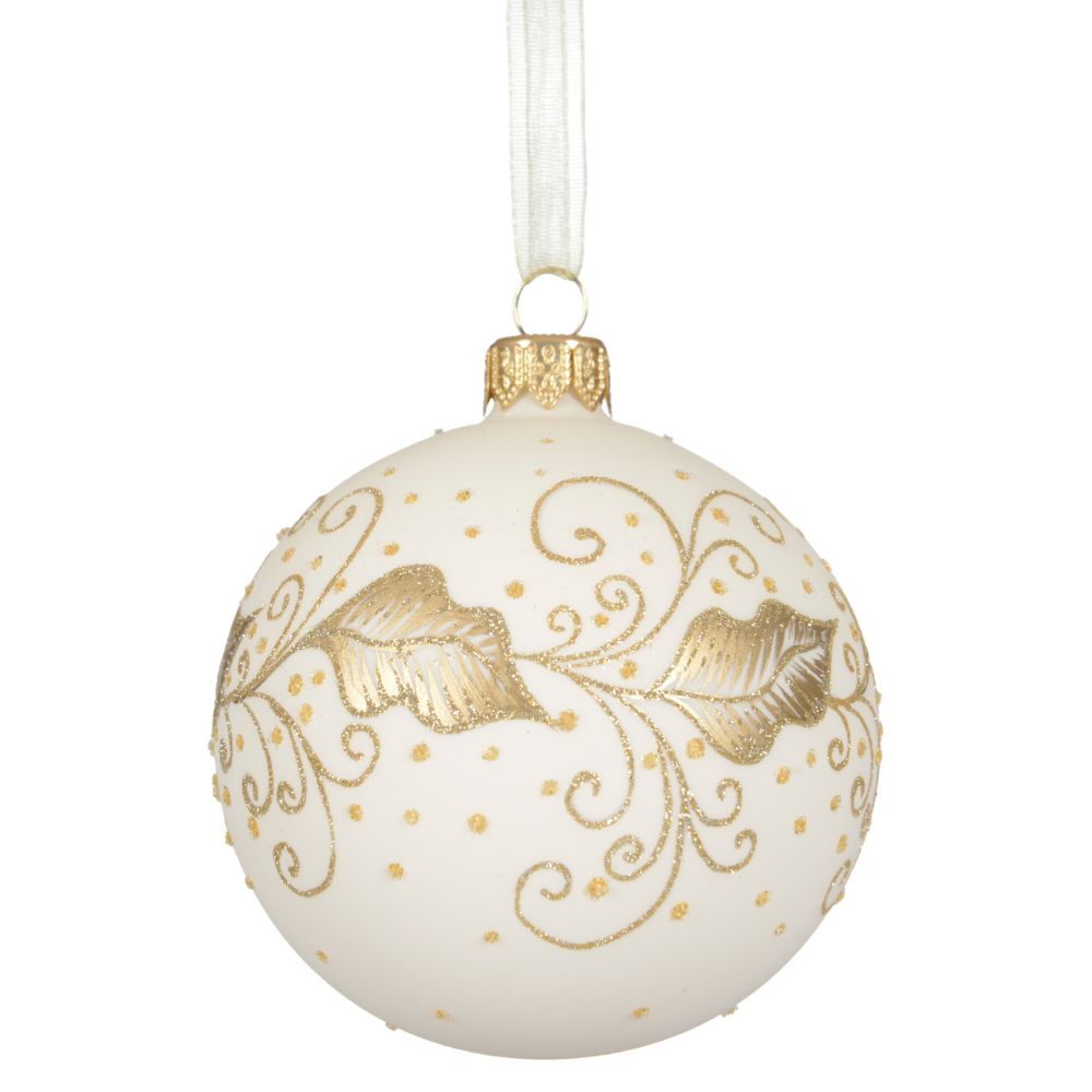 Decoris 8cm Wool White Matte Glass Bauble with Leaves & Curls
