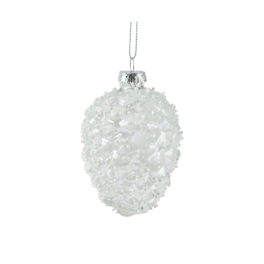 Decoris 9.7cm Clear Glass Pinecone with White Beads Bauble