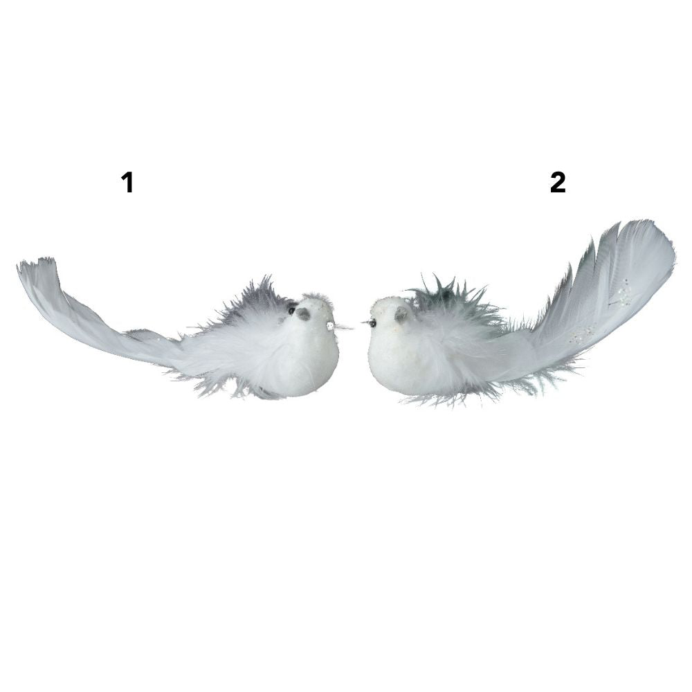 Decoris Artificial Clip on Bird With Glitter Feather -White - (Choice of 2)