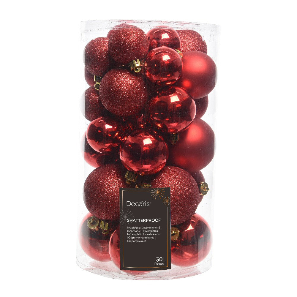 Decoris Assorted Size Red Shatterproof Baubles (Set of 30)
