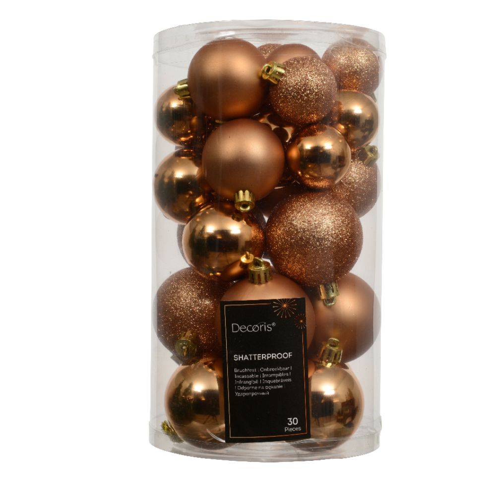 Decoris Brandy Copper Assorted Shatterproof Baubles (Set of 30)