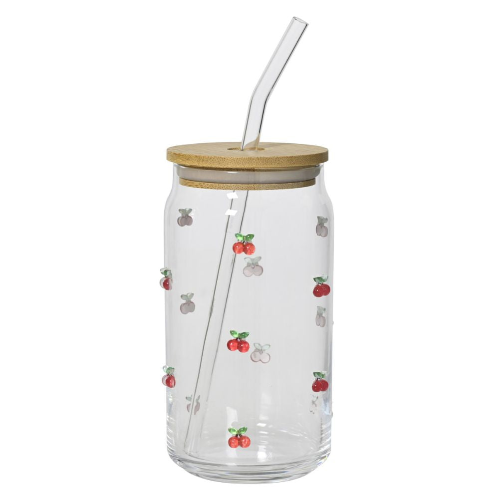 Decoris Drinking Glass With Lid & Straw - Cherries