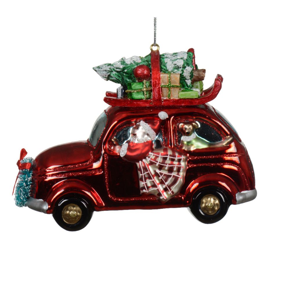 Decoris 12.4cm Glass Car With Santa Hanging Decoration - Red