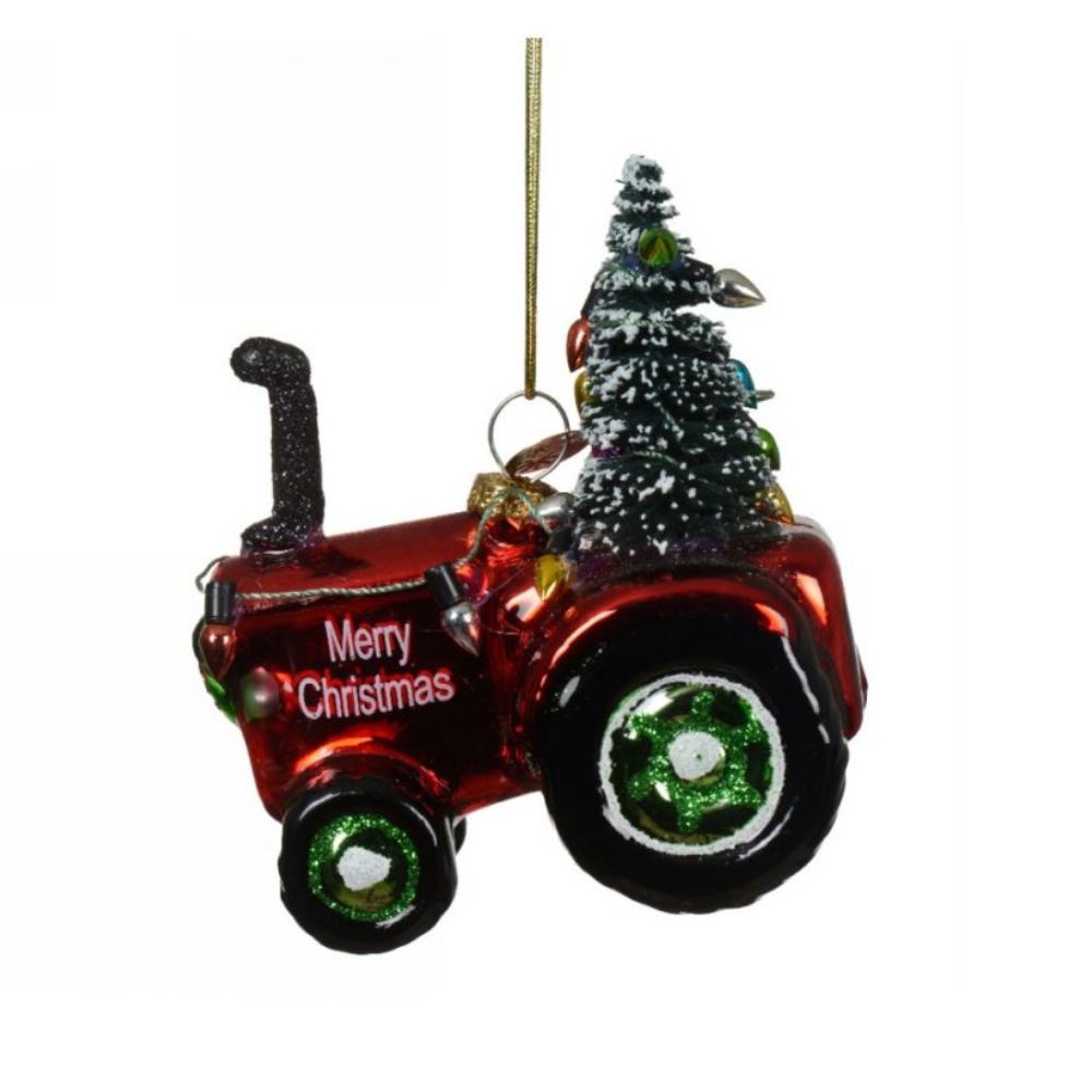 Decoris Glass Tractor Tree Hanging Decoration - Red