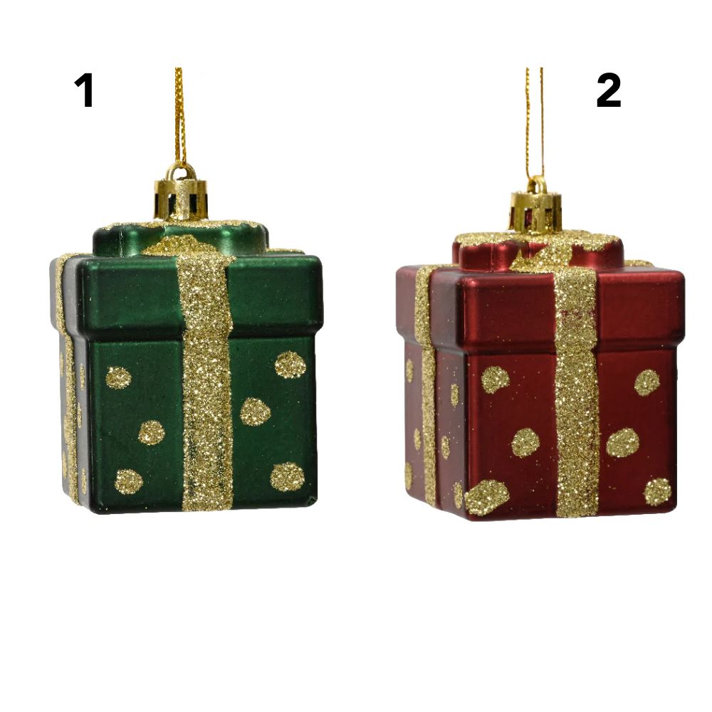 Decoris 6.8cm Glitter Christmas Present Bauble - Red/Green - (Choice of 2)