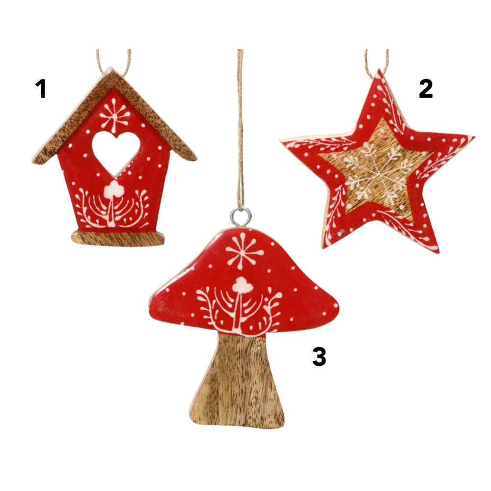 Decoris Mango Wood Festive Shape Hanging Decoration - Red -(Choice of 3)