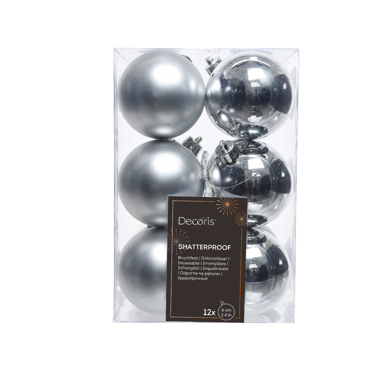 Decoris Pack of 12 6cm Silver Shatterproof Baubles