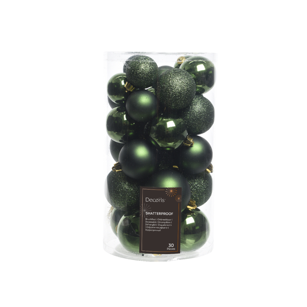 Decoris Pack of 30 Pine Green Assorted Shatterproof Baubles