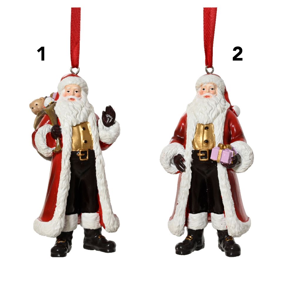 Decoris 10cm Resin Santa Hanging Decoration - Red - (Choice of 2)