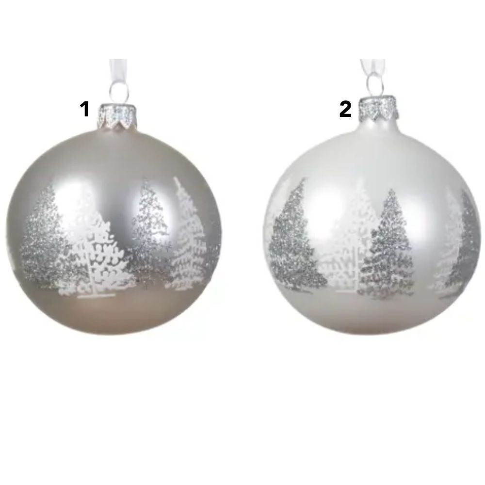 Decoris Silver/White Matte Glass Bauble with Christams Tree Border (Choice of 2)
