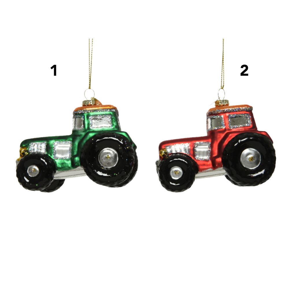 Decoris 9.5cm Tractor Glass Tree Decoration - Red/Green - (Choice of 2)