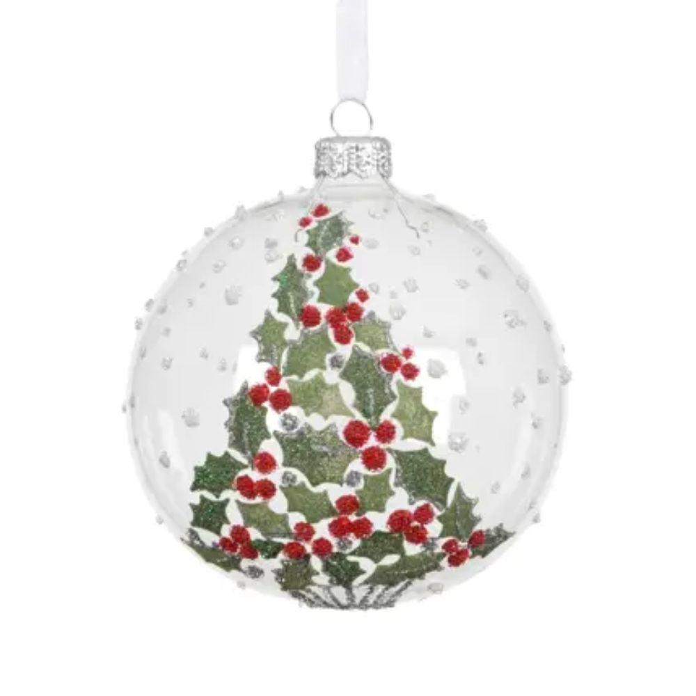 Decoris Transparent Glass Bauble with Holly Tree