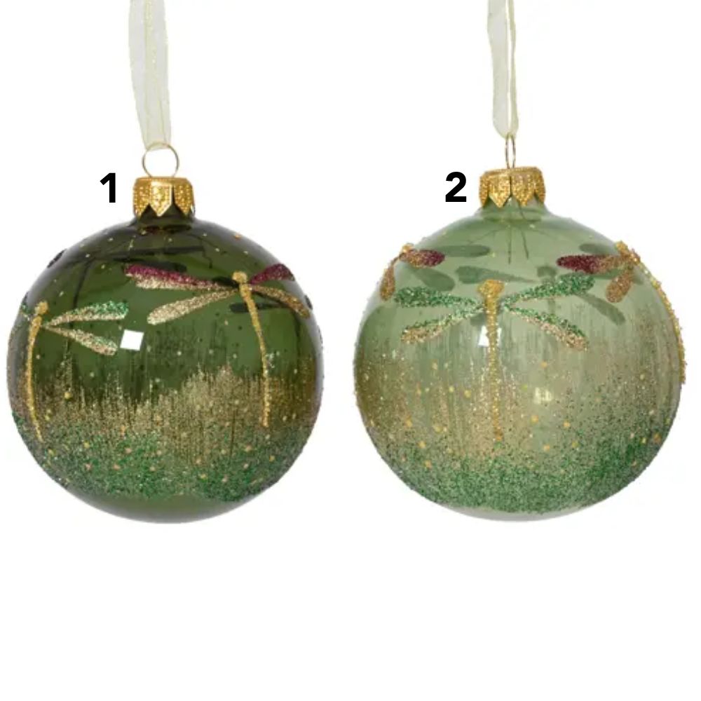 Decoris Transparent Green Glass Bauble with Dragonflies (Choice of 2)