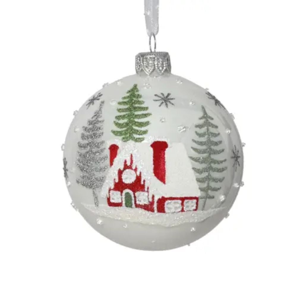 Decoris White Enamel Glass Bauble with House and Trees