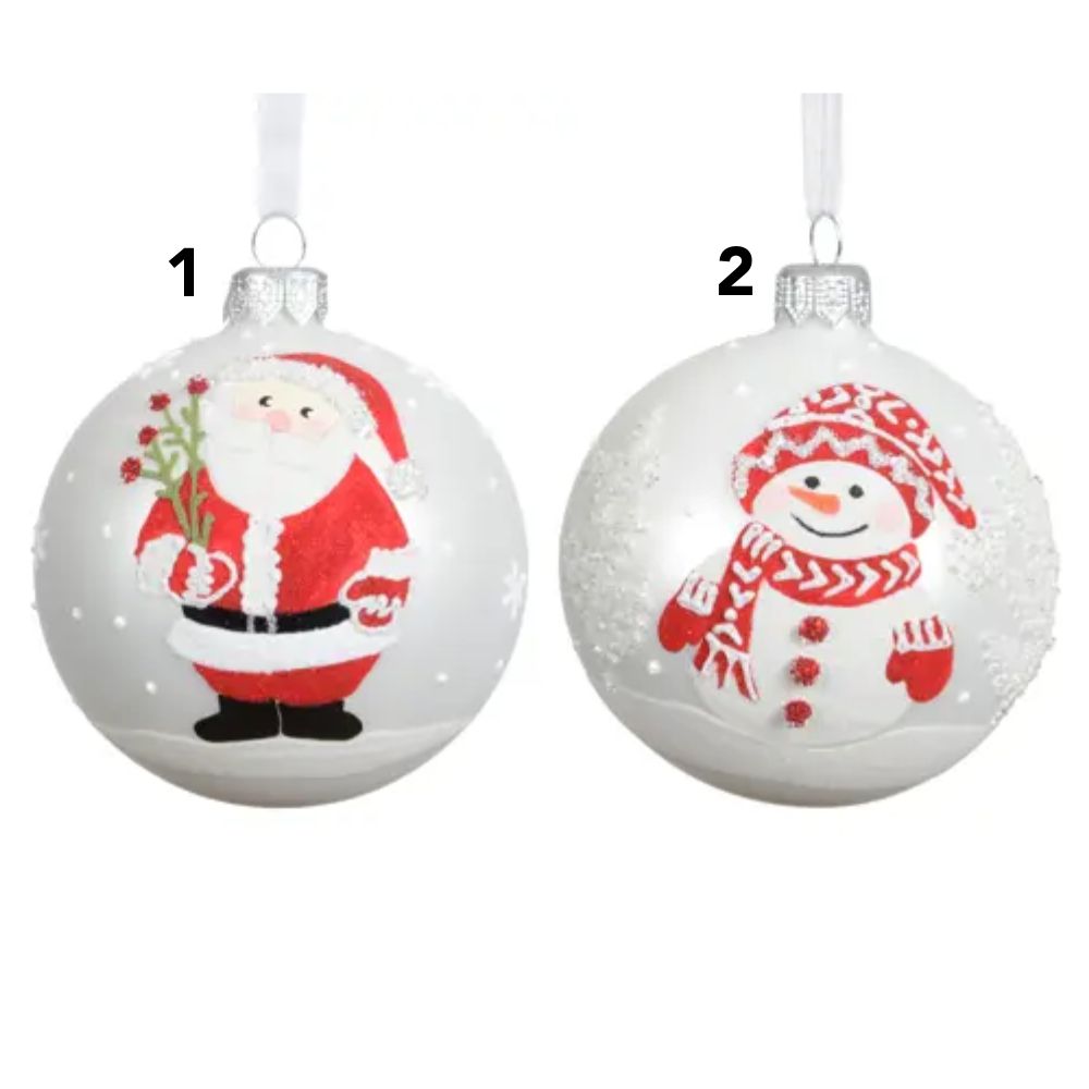 Decoris White Matte Glass Bauble with Santa/Snowman (Choice of 2)
