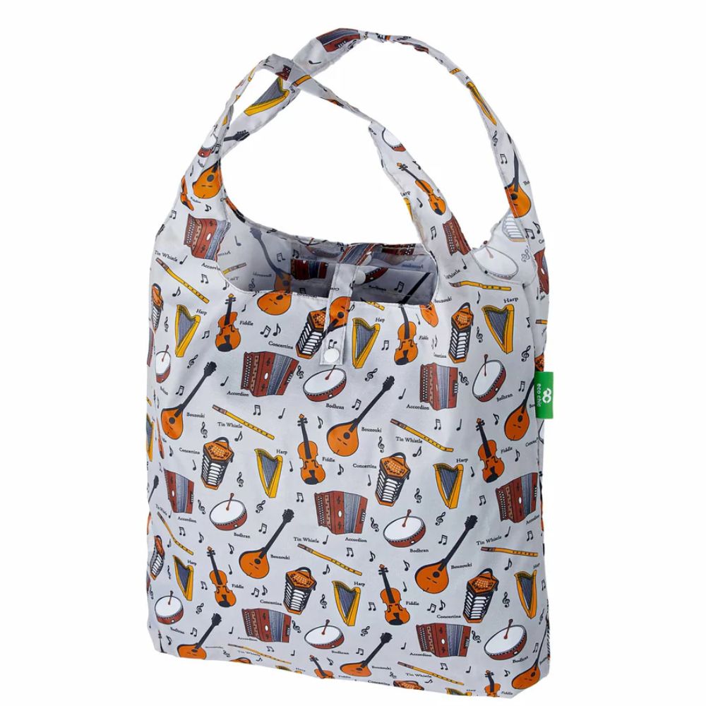 Eco Chic Lightweight Foldable Reusable Shopping Bag Music - Grey