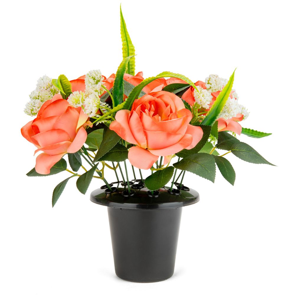 Eleganza Artificial Grave Pot Roses and Achillea- Coral