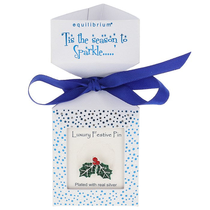 Equilibrium 3cm Sparkle Christmas Silver Plated Holly Pin