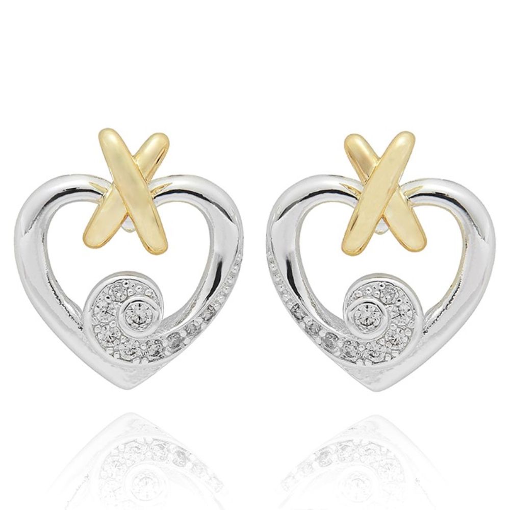 Equilibrium Kiss Suspeneded Heart Two Tone Earrings