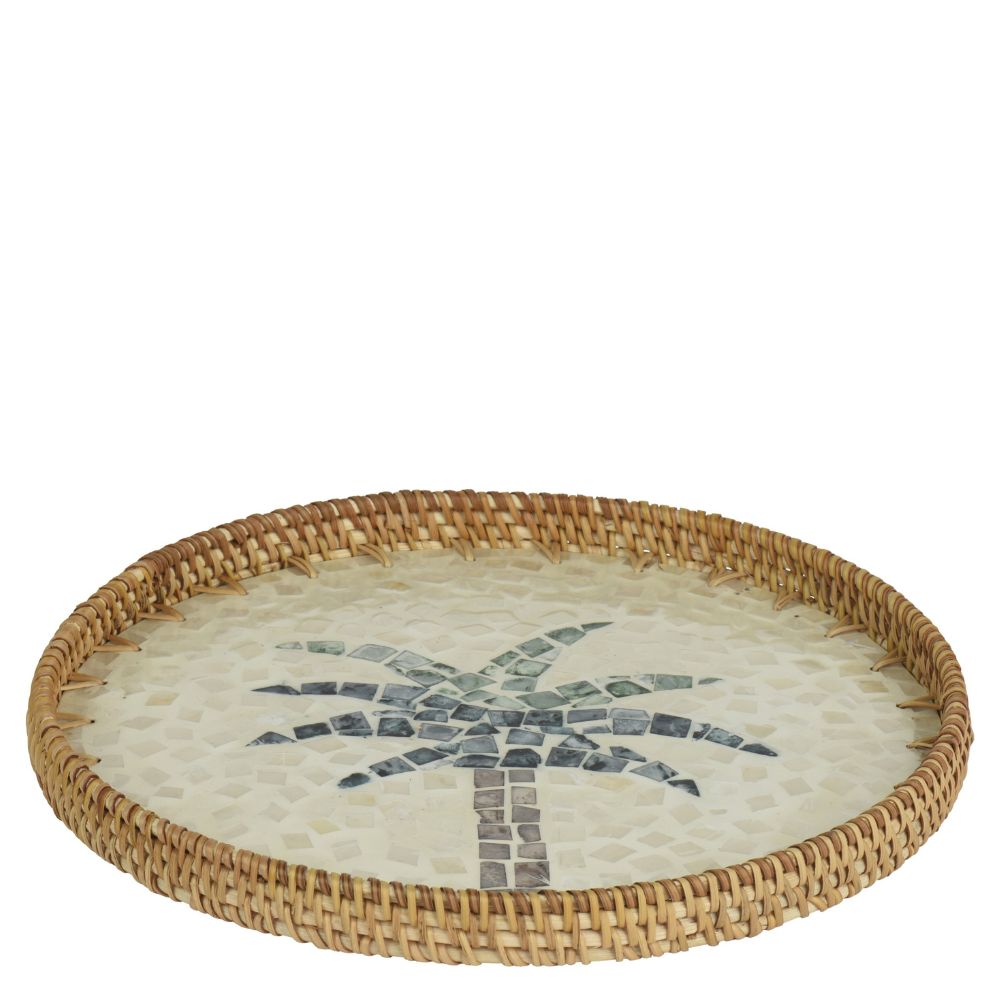 Everlands 34cm Round Rattan Tray with Milk Glue Palm Tree Pattern