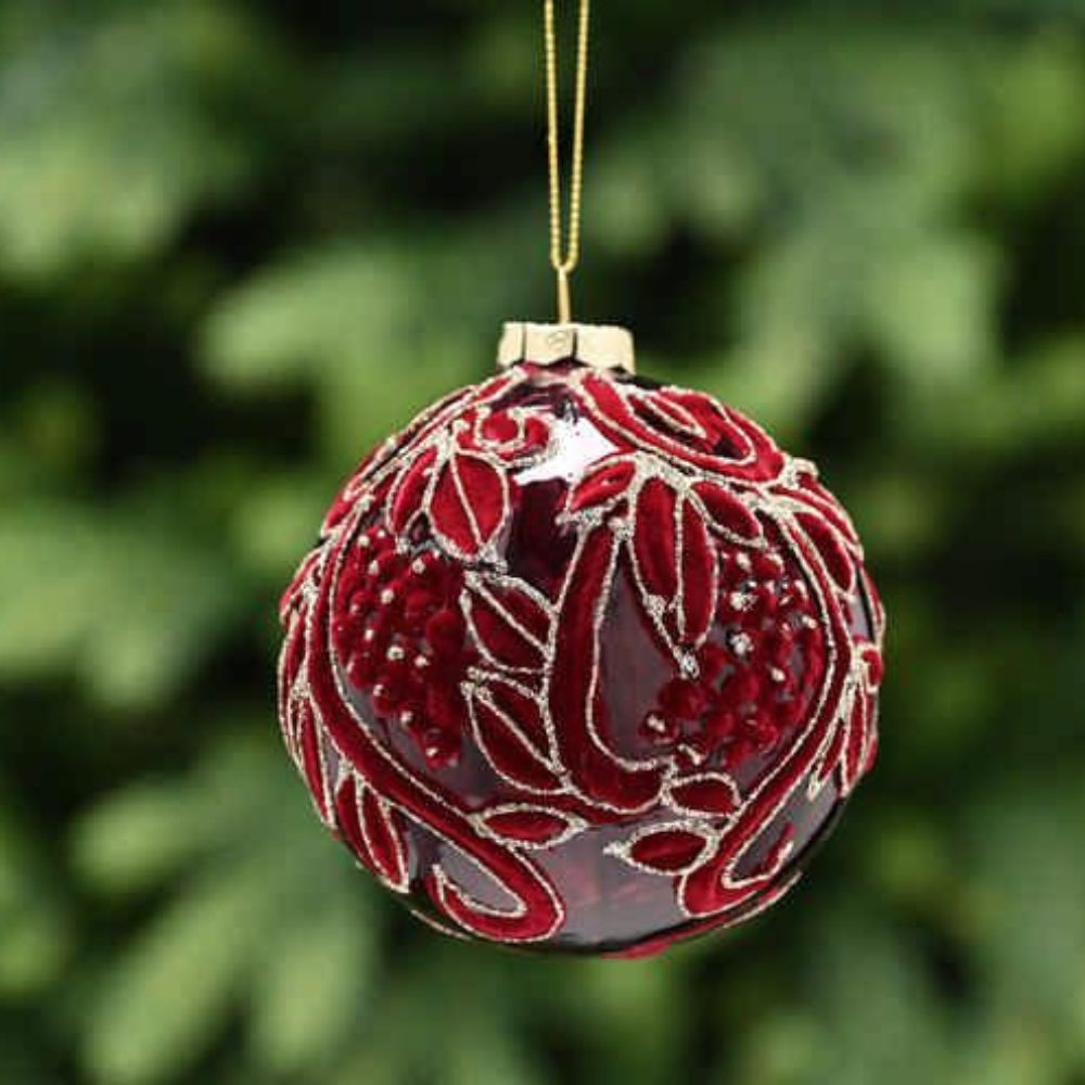 Festive 10cm Burgundy Glass Bauble with Flocked Petals