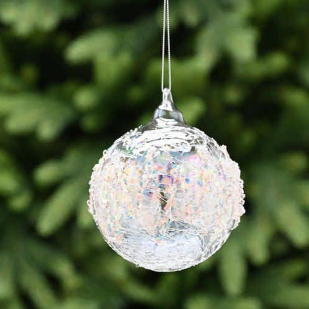Festive 10cm White Iridescent Bead Encrusted Glass Bauble