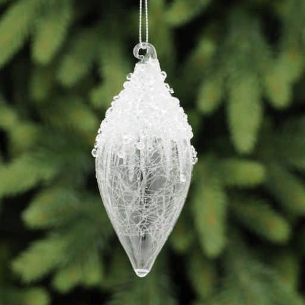 Festive 12cm Clear Glass Olive Bauble with Snow Cap