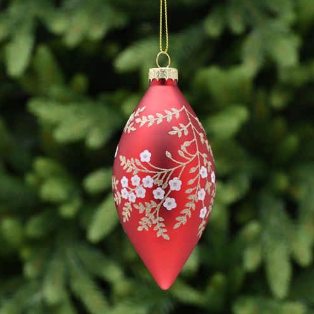 Festive 13cm Red Glass Drop Bauble with Blossom Design