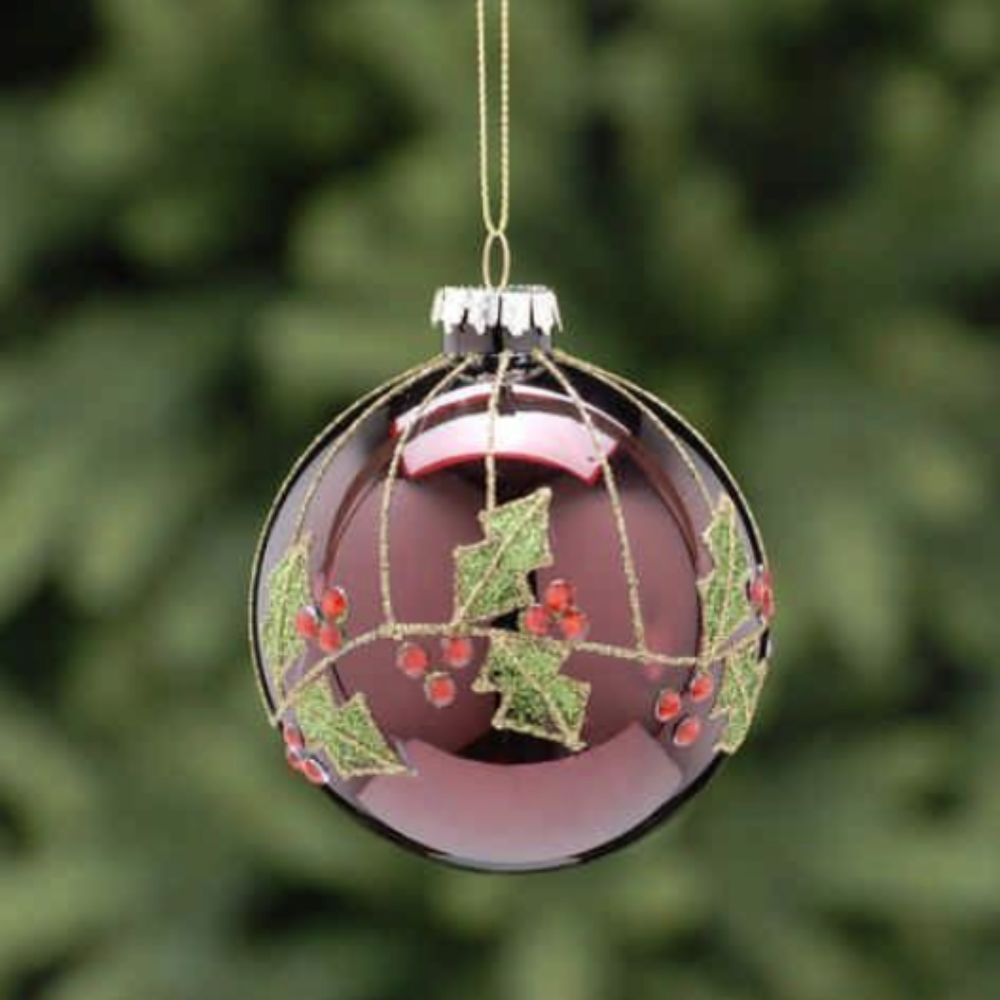 Festive 8cm Burgundy Green Holly Leaf Glass Bauble