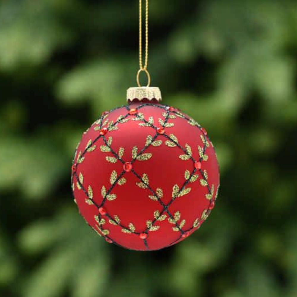 Festive 8cm Burgundy Matte Glass Bauble with Glitter Leaves