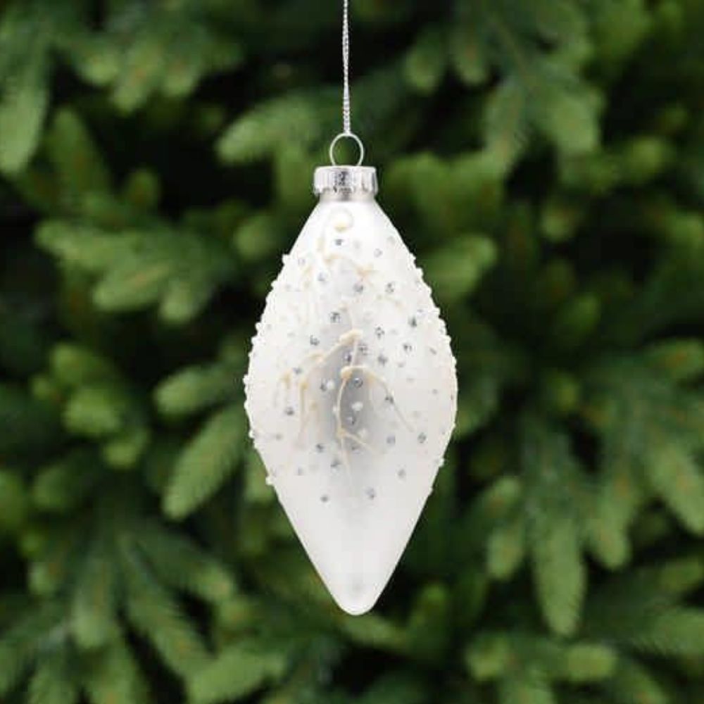 Festive 8cm Champagne Gold Matte Glass Teardrop Bauble with Branches