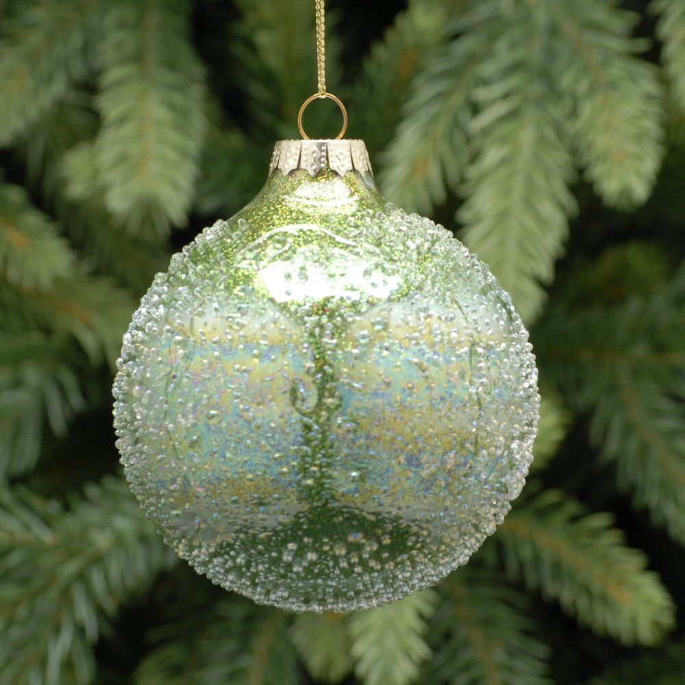 Festive 8cm Green Iridescent Crusted Glass Bauble