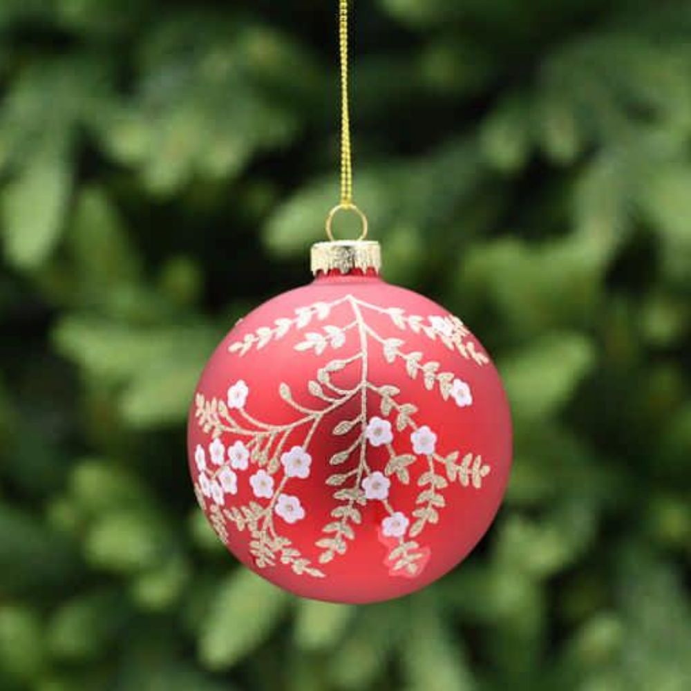 Festive 8cm Red Glass Bauble with Blossom Design