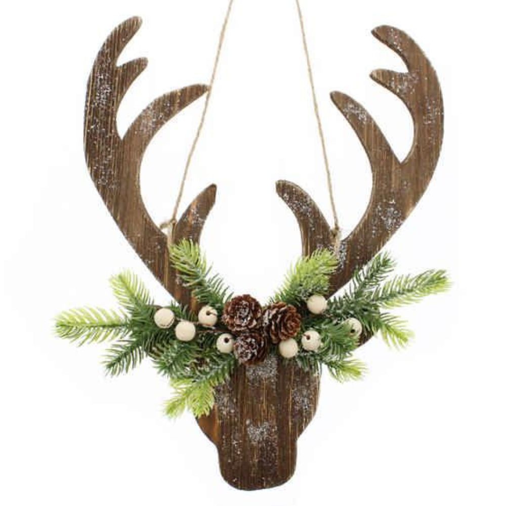 Festive Products 33cm Hanging Wooden Frosted Reindeer Head